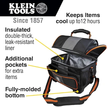 Imagen 2 de Klein Tools Tradesman Pro Soft-Sided Insulated Lunch Box Cooler, Model 55601, Black/Gray/Orange Trim, 12-Quart Capacity