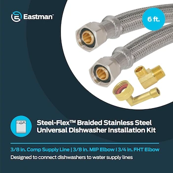 Imagen 2 de Kit de Instalación de Lavaplatos Eastman 41045 - Línea de Suministro Trenzada de Acero Inoxidable con Extremos de Compresión de 3/8 Pulgadas, 6 ft (1.88 m), Incluye Codos MIP y FHT