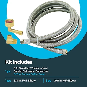 Imagen 3 de Kit de Instalación de Lavaplatos Eastman 41045 - Línea de Suministro Trenzada de Acero Inoxidable con Extremos de Compresión de 3/8 Pulgadas, 6 ft (1.88 m), Incluye Codos MIP y FHT