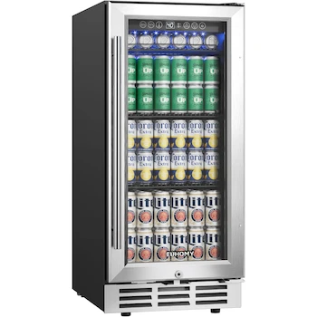 Imagen de referencia para EUHOMY BRU-03 Refrigerador de Bebidas de 15 Pulgadas Bajo Mostrador para 127 Latas, Integrado o Independiente, Color Plateado