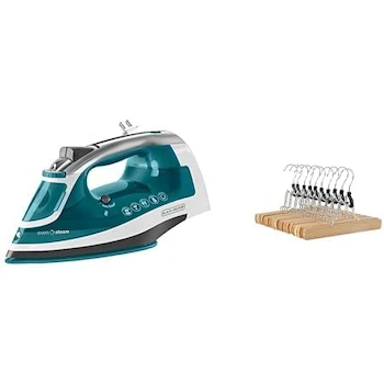Imagen de referencia para Black+Decker Plancha de Vapor SmartSteam ICR1924 con Suela Cerámica, Cable Retráctil, Color Turquesa, Tanque de Agua 320 ml + Amazon Basics Ganchos de Madera para Pantalones, Color Natural, Tamaño 25x16.5 cm, Paquete de 20