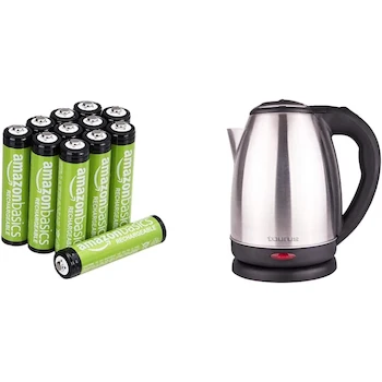 Imagen alusiva al producto Amazon Basics Paquete de Pilas Recargables AAA 800 mAh 12 Pilas Precargadas + Taurus Hervidor de Agua Caronte 2 Lt 1000 W Chico Plata