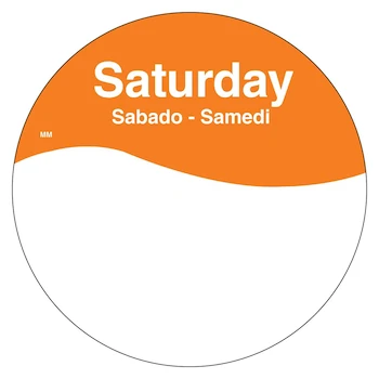 Imagen de referencia para DayMark Safety Systems MoveMark IT110108 Etiqueta Extraíble Trilingüe para el Día de la Semana Sábado, Círculo de 3 Pulgadas, Naranja (Rollo de 500)