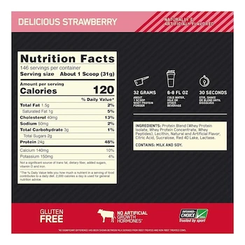 Imagen 2 de Optimum Nutrition Gold Standard 100% Whey Suplemento en Polvo Proteína Delicious Strawberry 4.54kg