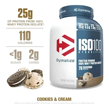 Imagen 3 de Suplemento en Polvo Dymatize Iso-100 Proteína Sabor Cookies & Cream 2.3kg