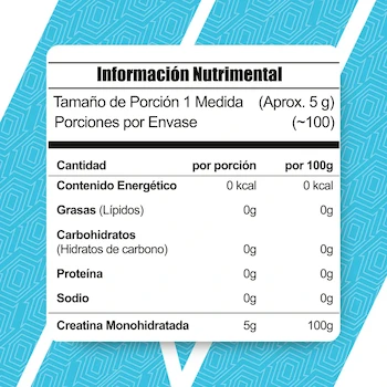 Imagen 2 de Creatina Monohidratada 500 G Meta Nutrition 100 Porciones Polvo Alta Pureza Sin Sabor