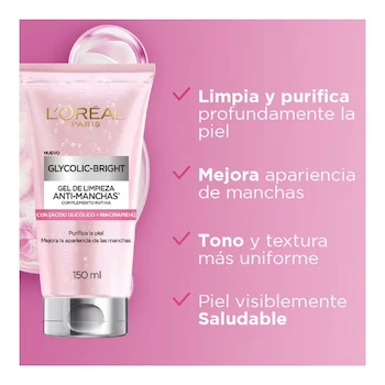 Imagen 3 de Gel Limpiador L'Oréal Paris Glycolic Bright Antimanchas Ácido Glicólico Niacinamida 150 ml