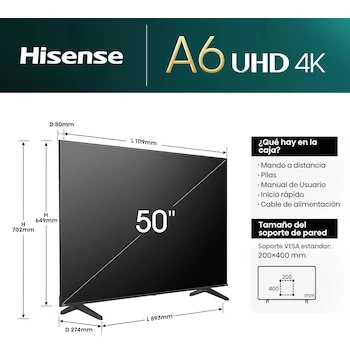 Imagen 2 de Hisense 50A6NV 50" UHD 4K VIDAA Smart TV 2024