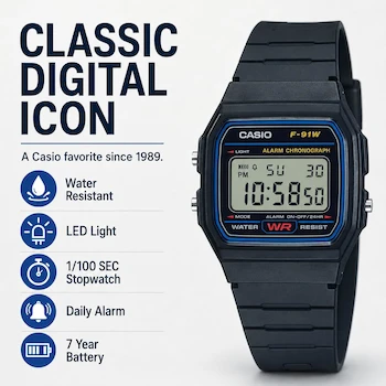 Imagen 2 de Casio F-91W Reloj digital negro Serie F91W resistente al agua con luz LED, alarma y cronómetro