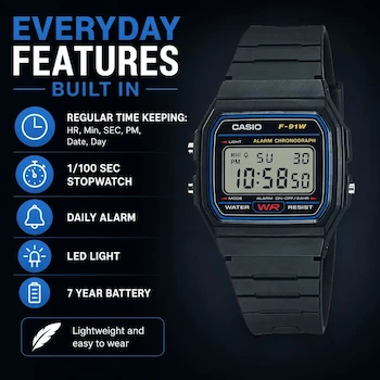 Imagen 3 de Casio F-91W Reloj digital negro Serie F91W resistente al agua con luz LED, alarma y cronómetro