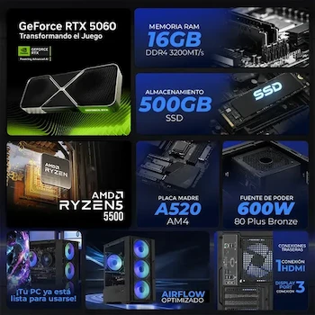 Imagen 5 de PC Gamer Xtreme PC Gaming RTX 5060 Ryzen 5 5500 16GB SSD 500GB WiFi Black